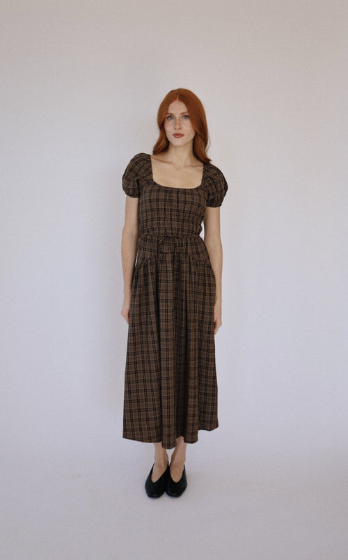Plaid Puff Sleeve Midi